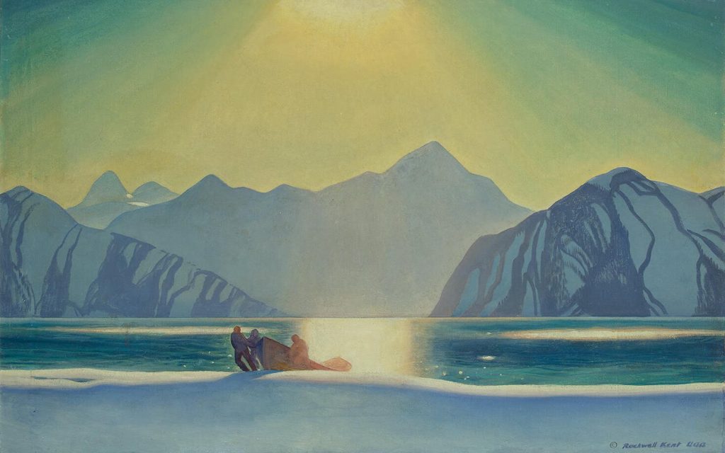 painting of Sunglare Alaska by Kent Rockwell with people pushing a boat onto a snowy shore