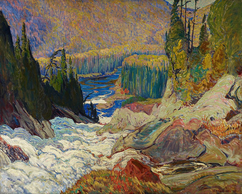 Montreal River by J.E.H. MacDonald Falls, colorful painting of the valley with rocks and trees and hills