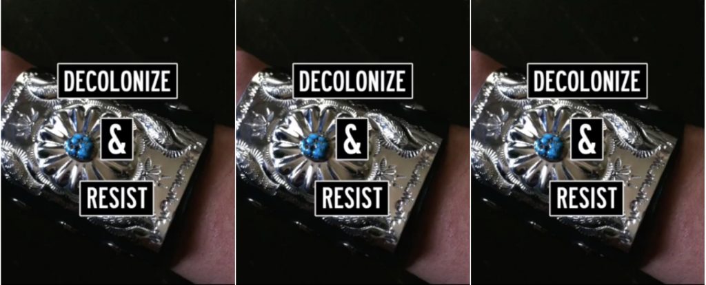 decolonize and resist collage, close up of a bracelet on an arm