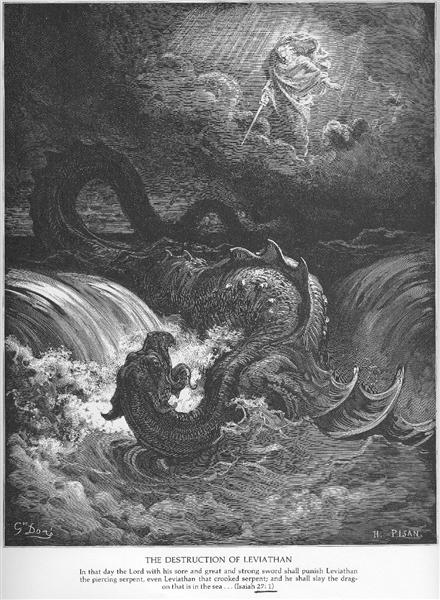 The Destruction of Leviathan, Gustave More, a god-like figure is fighting a sea monster