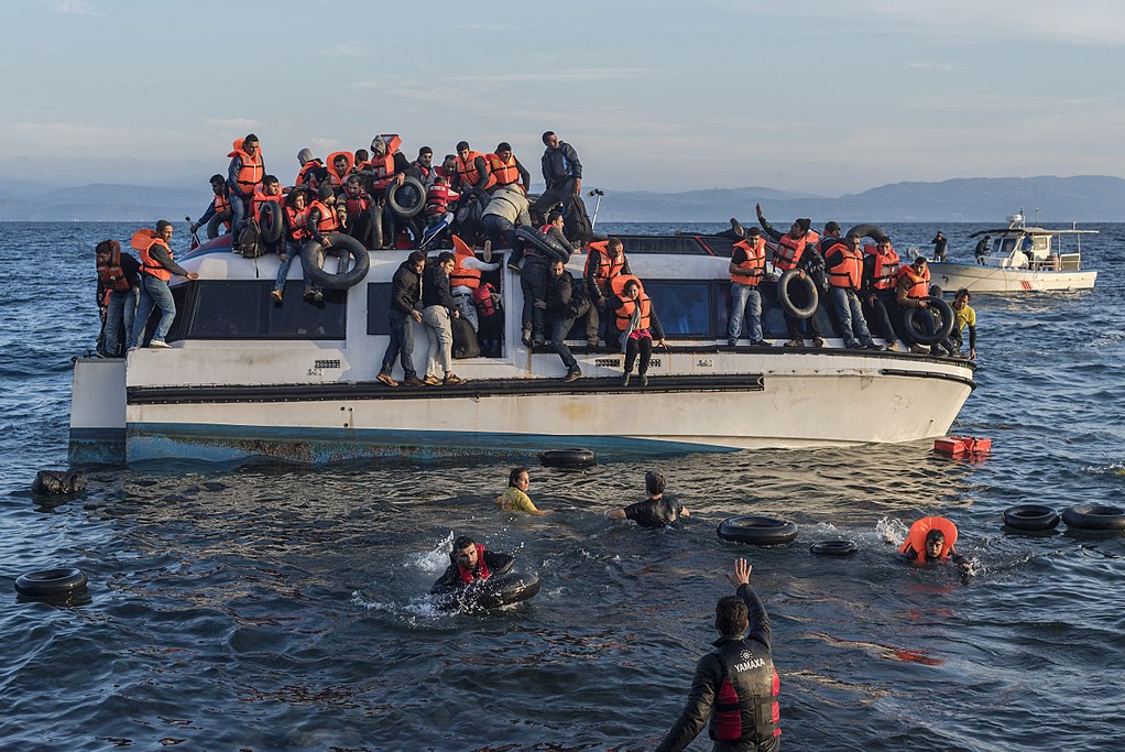 Syrians and Iraq refugees arriving at Skala Sykamias Lesvos, Greece