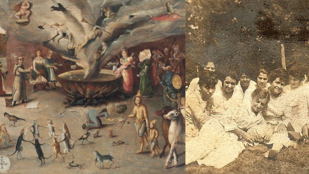 Painting of animals dancing and emerging from a bowl next to old-looking portrait of seven people.