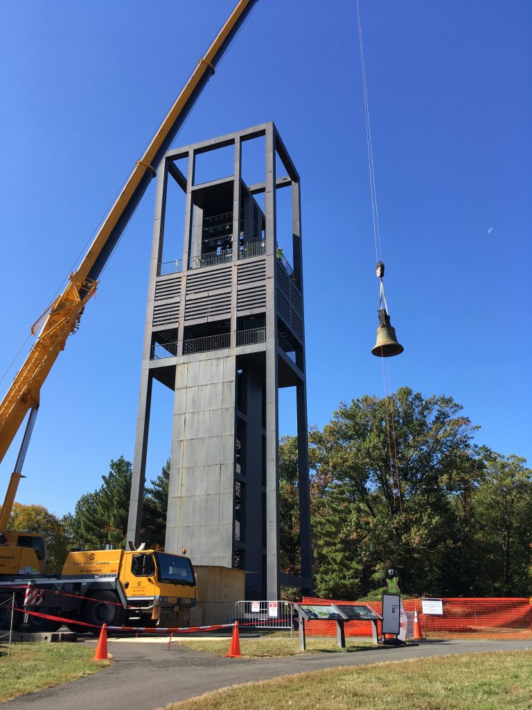 A bell being removed from the Carillon by crane. 