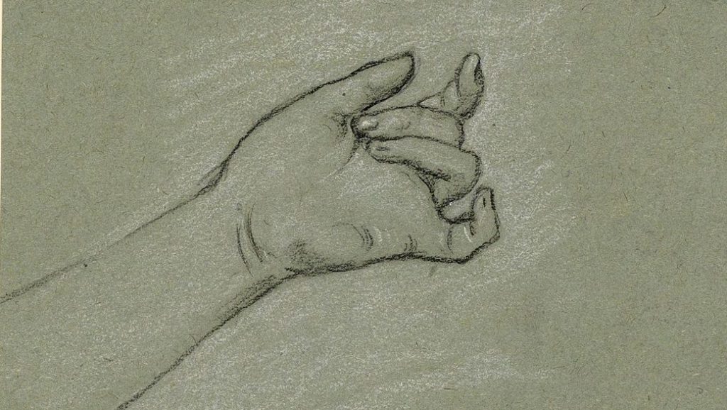 Grey drawing of a left hand, palm up