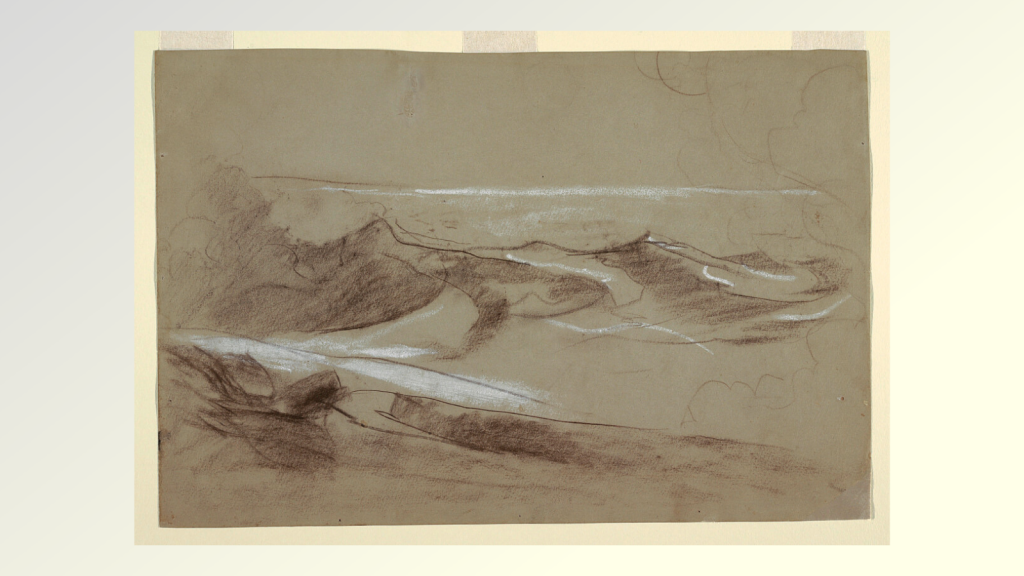 Sketch of the ocean, with white highlights at lower left, possibly indicating a rocky shore.