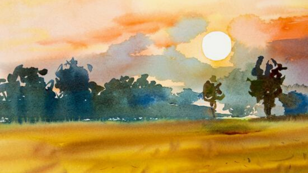 watercolor warm-toned landscape, yellow grass with green trees, bright sun with orange-tinted sky