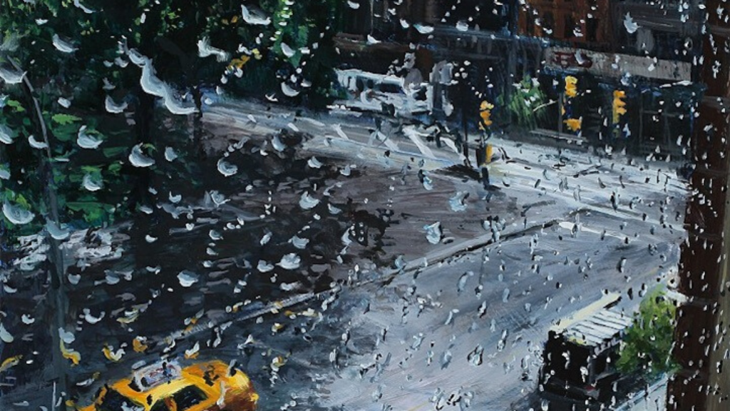 water color painting of taxi driving through the rain, viewed from out a window
