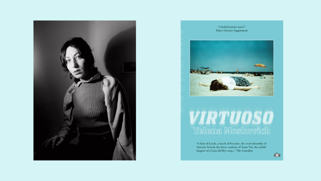 b&w headshot of Yelena Moskovich aside her bright blue book cover of "Virtuoso"