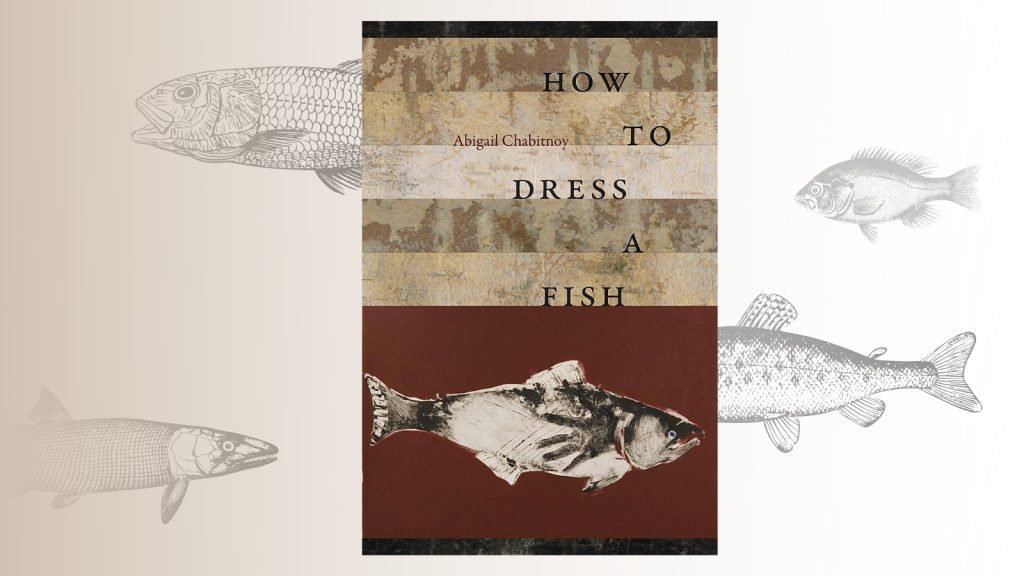 Cover of how to dress a fish by Abigail Chabitnoy, top half is looks like faded rock and the bottom is a fish placed against a red background