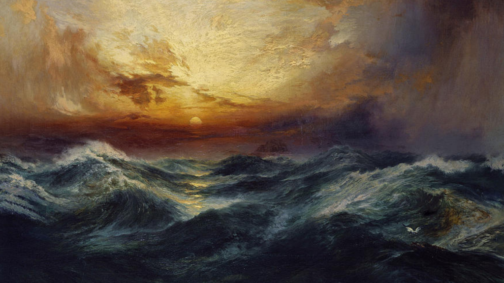 oil painting of dense ocean water and a orange yellow sunset